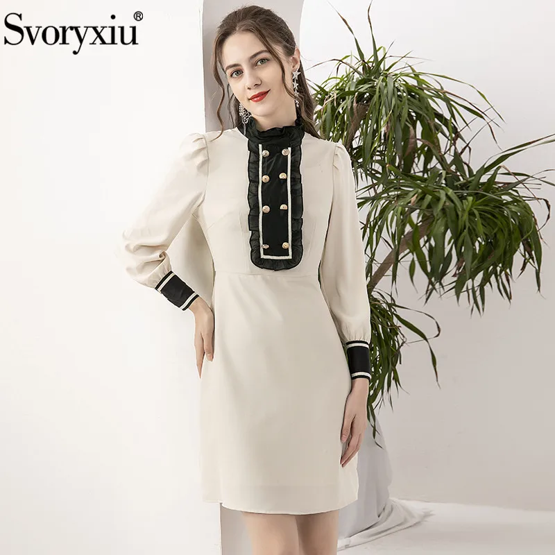 

Svoryxiu 2021 Fashion Runway Spring Summer Dress Women's Elegant Long Sleeve Stand Collar Double Breasted Dresses Vestdios