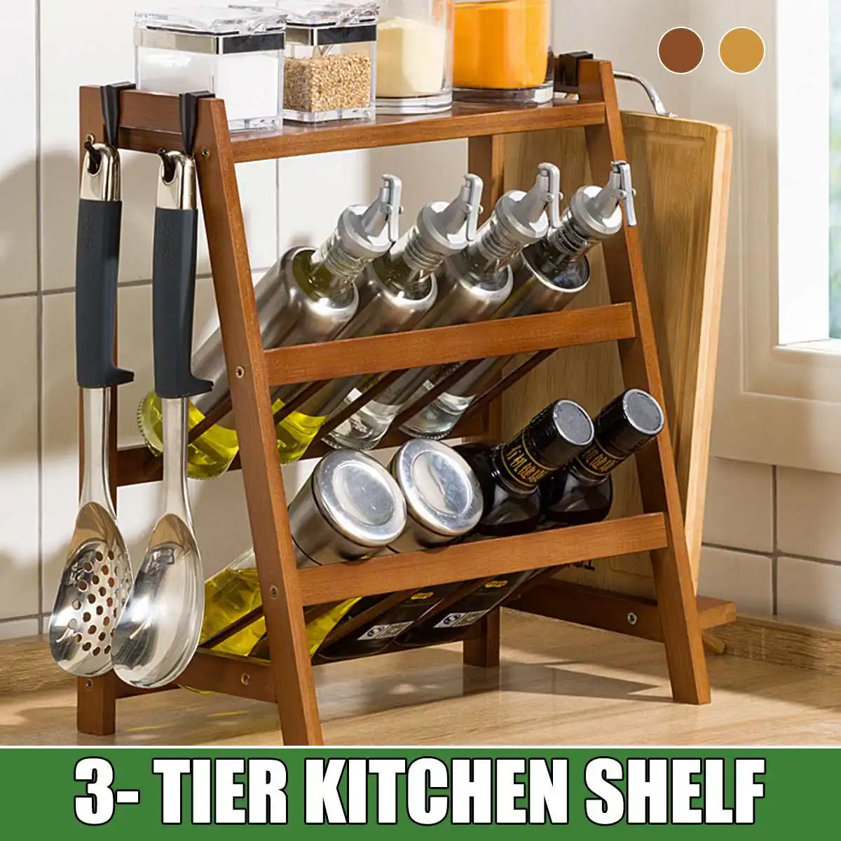 

3 layer Sauce Bottles Spice Rack Organizer Kitchen Wood Shelf Storage Rack Kitchenware Holder Chopping Block Frame Hooks