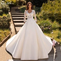 modern satin sweetheart wedding dress full sleeve lace bride gown a line elegant bridal robes beach vestido de noiva