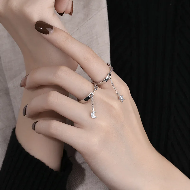 

Korea Style Rhinestone Tassel Couple Ring Fashion Sliver Open Rings Finger Jewelry Creative Exquisite Star Moon Chain Rings