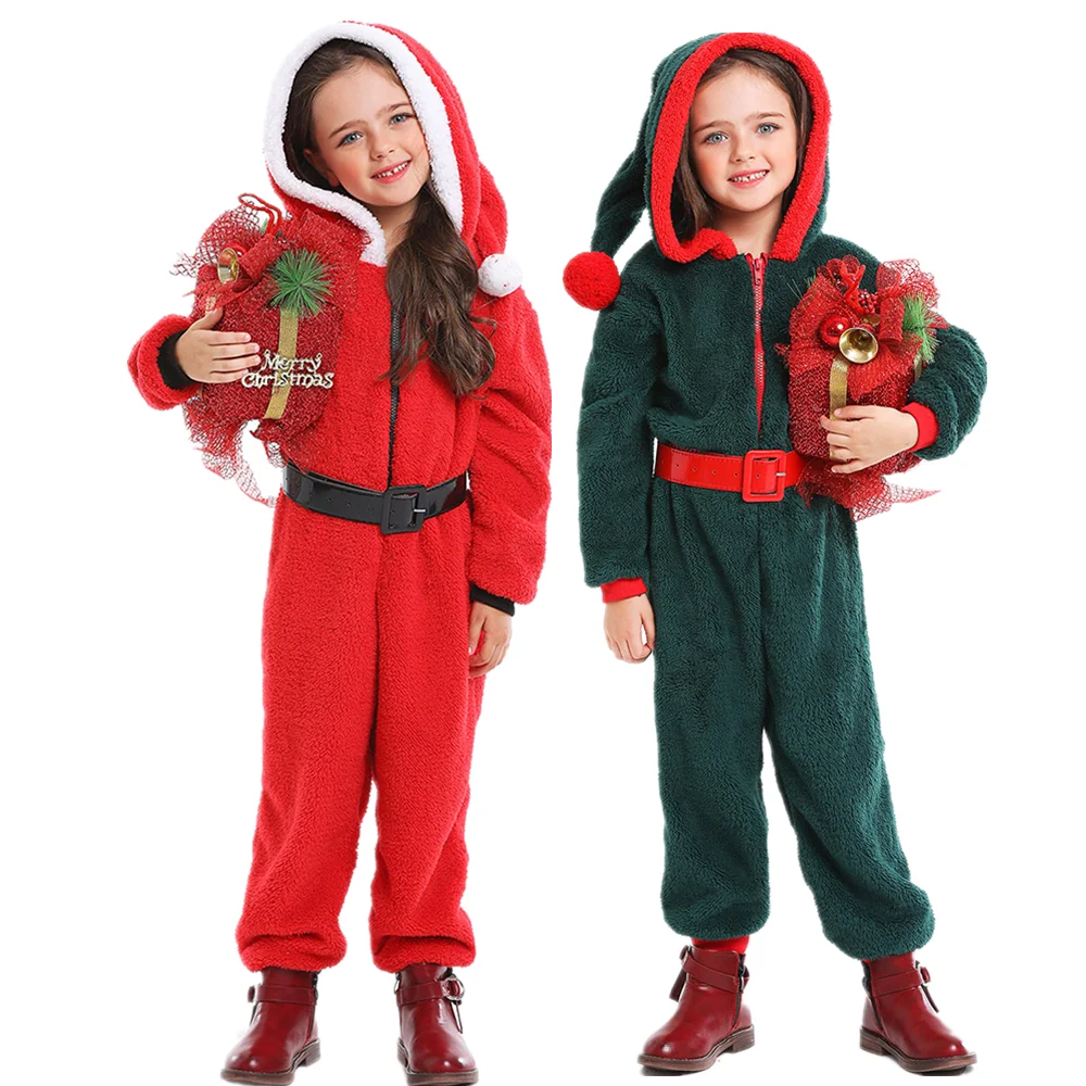 

Christmas Santa Claus Costume Hooded Kids New Year Festival Clothing Fancy Dress Christmas Party Jumpsuit For Boy Girls