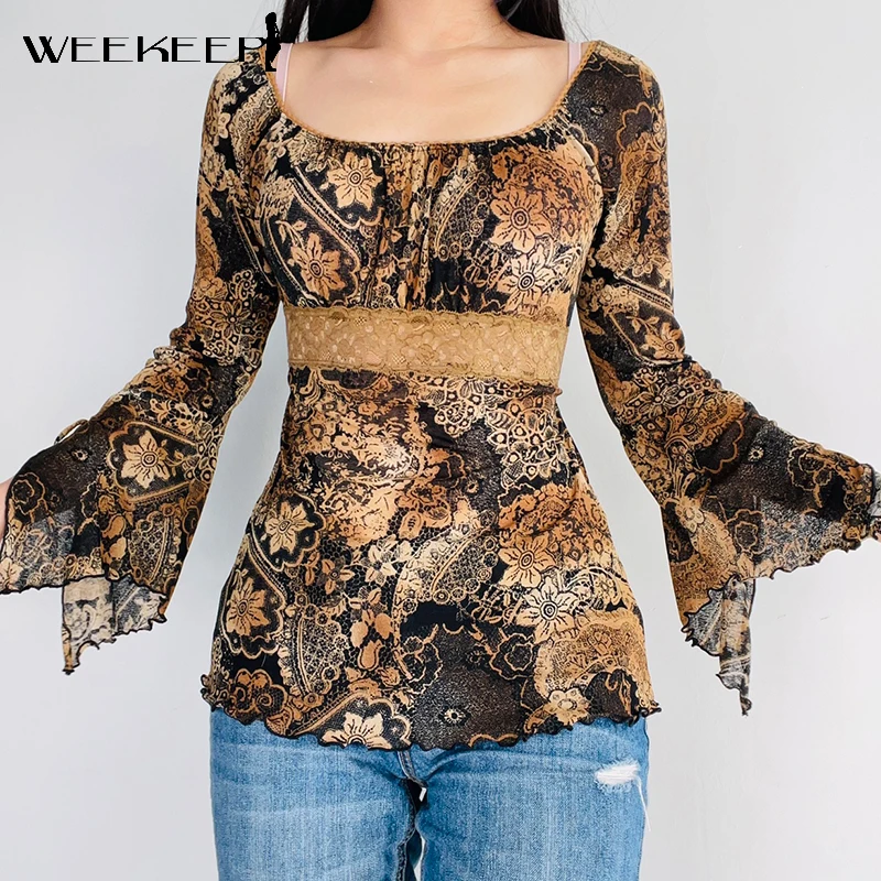 Weekeep гранж 2000s Женская Кружевная футболка Модный повседневный топ с