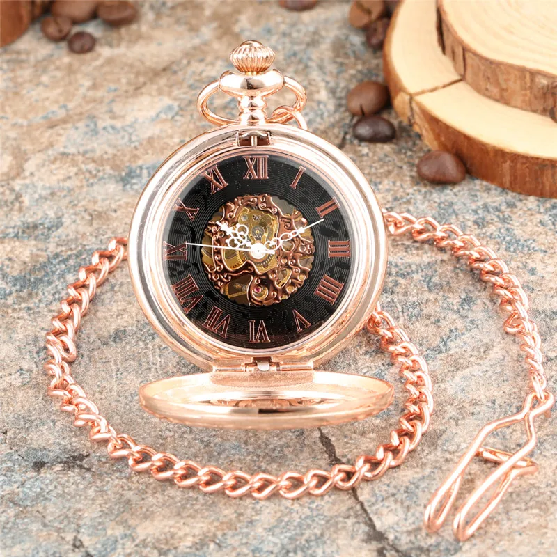 Retro Rose Gold Hollow Out Case Men Women Hand-winding Mechanical Pocket Watch Roman Numberal Skeleton Clock Pendant Chain Gift