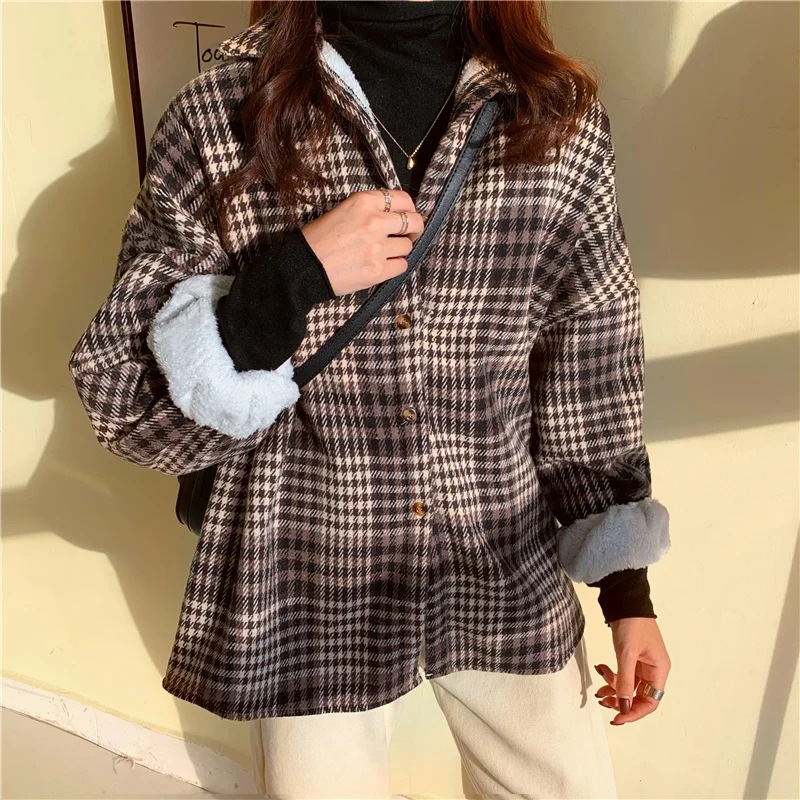 

Shirt Female Design Sense of Minority Autumn 2021 New Plush Thickened Plaid Long Sleeve Shirt Coat