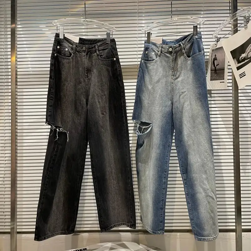 

Новинка осени 2021, модные повседневные джинсы с дырками на боковой стороне колена, белые свободные джинсовые брюки с широкими штанинами для женщин