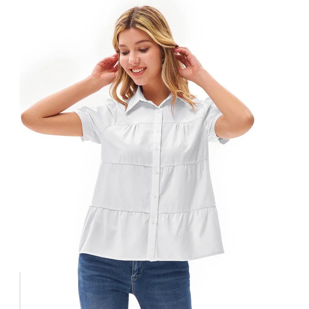 

Vintage Casual Shirts Women Tiered Shirt Puffed Short Sleeves Lapel Collar Button Placket Tops Pure Loose Blouse Ladies Clothes