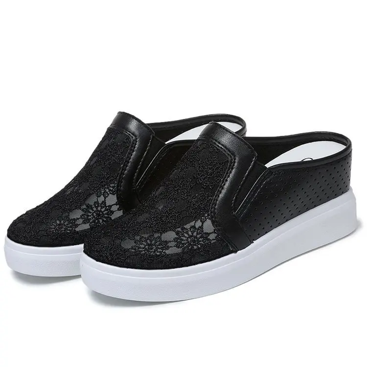 

Cover Toe Female Shoes Increased Internal Slippers Women Summer Low Lace Slides 2021 Flat Basic Hoof Heels PU Rome Rubber