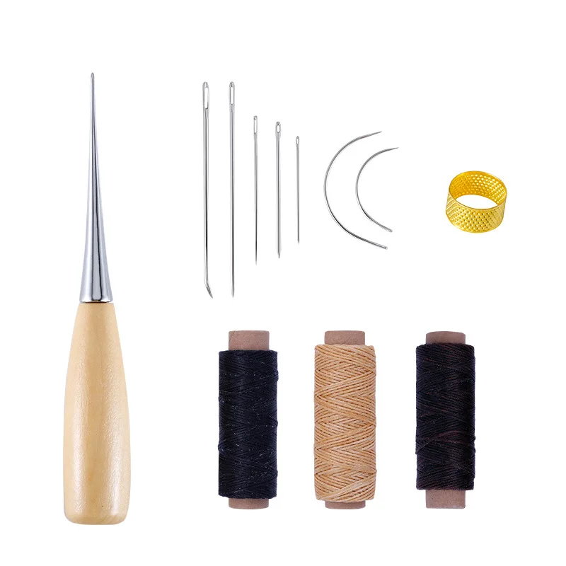 

12pcs Hand Stitching Leather Craft Kit Starter Tools Set Hand Sewing Needles Waxed Thread Awl Sewing Supplies for Leather Repair