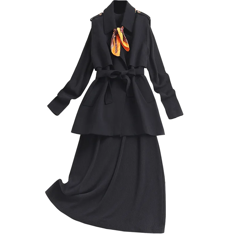 

Office Lady Two Piece Set Women Black Tank Top with Belgt + Turtleneck Dress Autumn Two Piece Set Winter Matching Set 2020