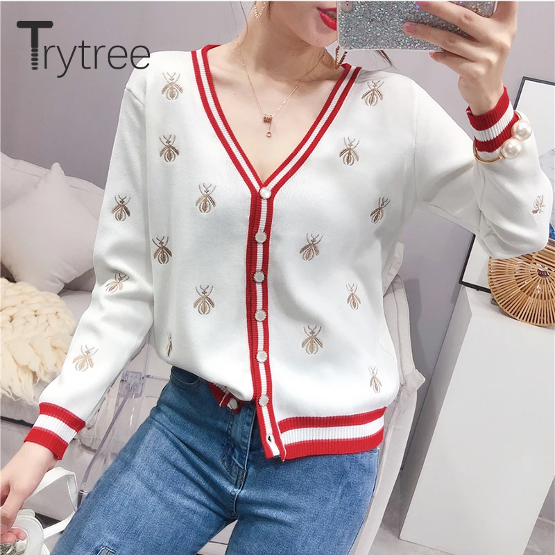 Trytree Autumn Winter Women Casual Sweater Button Bee embroidery V-Neck Cardigans Computer Knitted Single Breasted Tops |