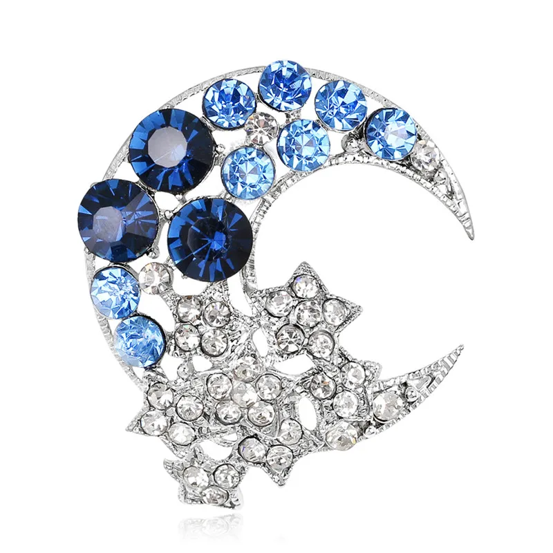 

Elegant Crystal Shining Jewelry Blue Moon Rhinestone Brooches Pin Women Bridal Wedding