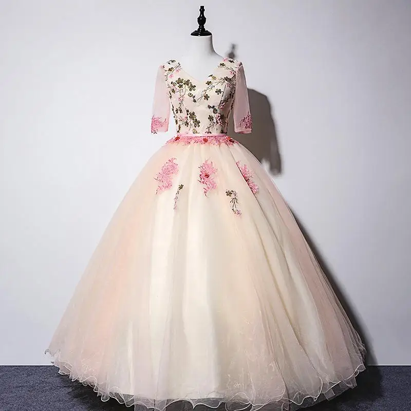 Gryffon Quinceanera Dress V-neck Party Prom Short Sleeve Ball Gown Elegant Floral Print Solo Host Formal Quinceanera Dress - Цвет: Розовый