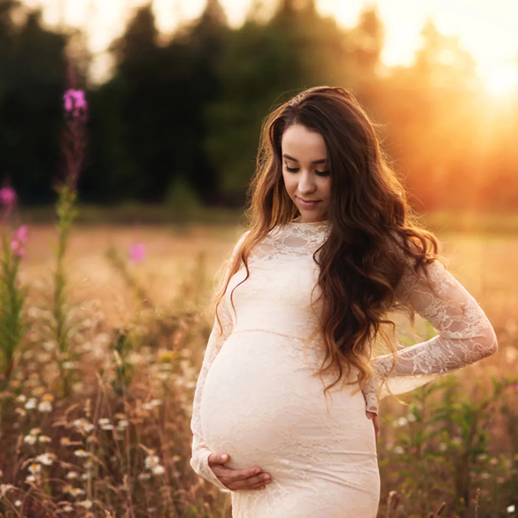 

Women's Pregnants Photography Props Lace Long Sleeve Maternity Solid Dress Lace Dress Gown Photography Prop See Through Dress A1