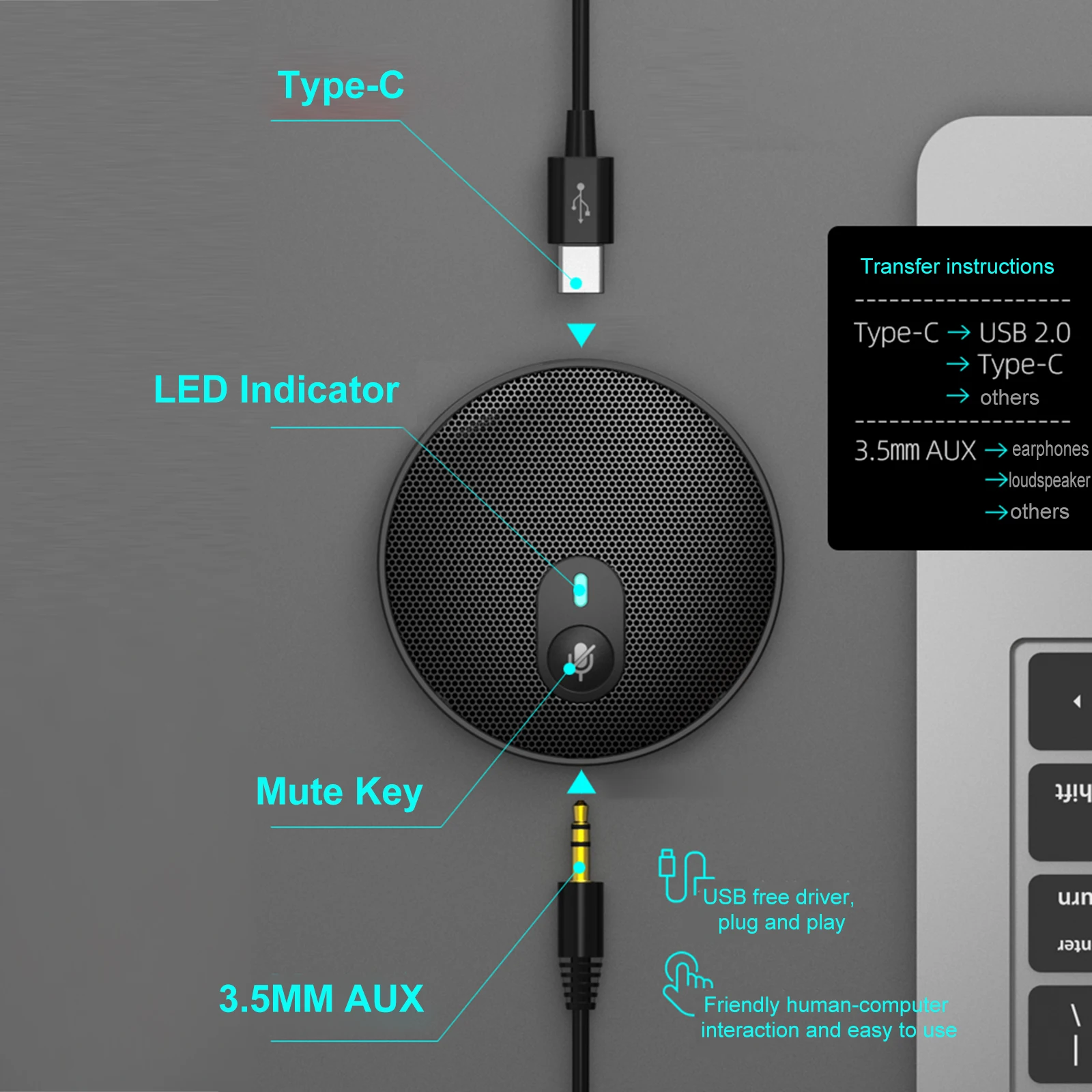 

New U3 USB Omni-directional Condenser Microphone for Video Conference Online Learning Sound Pick-up with AUX 3.5MM Type-C Cable