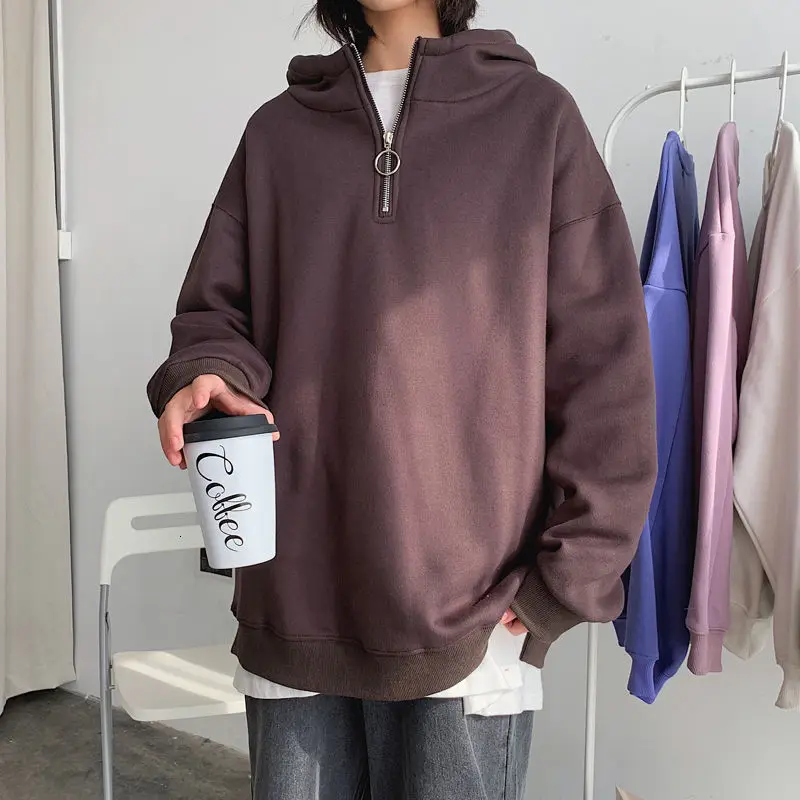 

Autumn And Winter Men's And Women's Pure Color Zipper Hooded Loose Fleece Thickened Warm Sports Hoodie Men Hot Sale