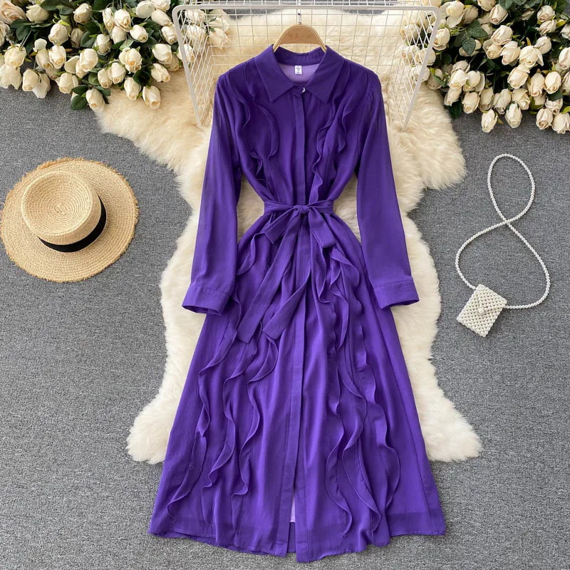 

Женское шифоновое платье с оборками, фиолетовое праздничное платье в стиле ретро с отложным воротником и длинным рукавом, Осеннее модное ул...