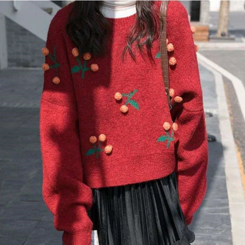 

Рождественский и новогодний красный свитер, короткая женская зимняя утепленная Свободная куртка в стиле вишни, корейский топ в стиле Ins, пул...