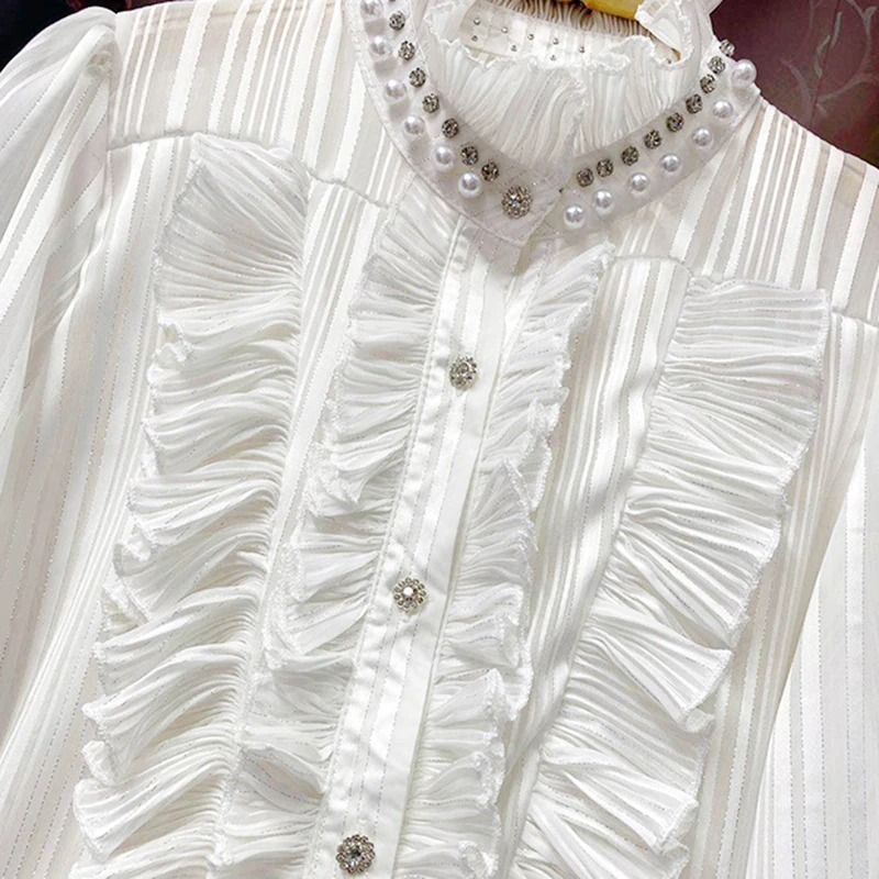 

VGH Patchwork Ruffle White Blouse For Women Stand Collar Long Sleeve Ruched Pearl's Temperament Shirt Female 2020 Autumn Style