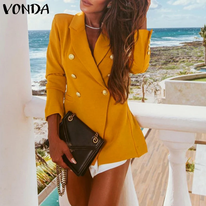 

Женский офисный блейзер с длинным рукавом, официальные пальто 2021 VONDA, Женский Повседневный Блейзер на пуговицах с лацканами, Офисная верхня...