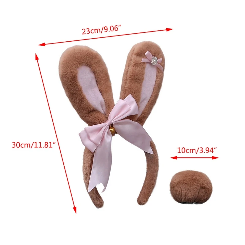 

2pcs Lolita Rabbit Cosplay Costume Set Rhinestone Bowknot Bunny Ears Headband with Furry Plush Tail Easter Party Props