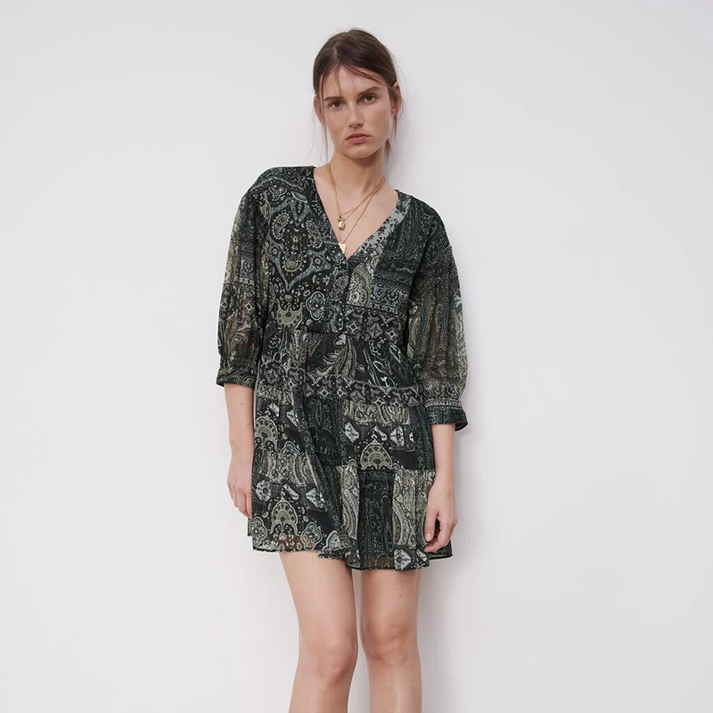 

Женское весеннее платье Unizera 2021 Za с V-образным вырезом и ламинированным декоративным принтом