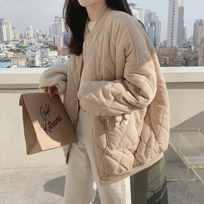 

Women thick Jackets New 2021 Autumn Winter High-Quality Warm Oversize Vintage Wild Coat V-neck Puffer Corduroy Parkas