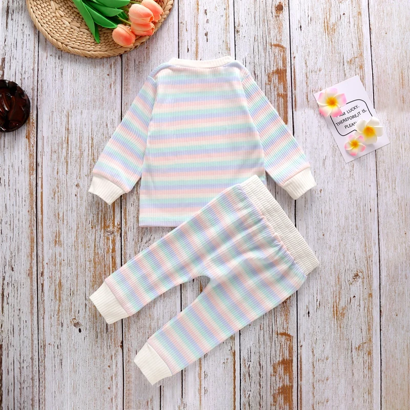 

Autumn Baby Clothes Set Boy Girls Cotton Knitting Pit Strip Color Stripe Long-sleeved Trousers Two-piece Suit23