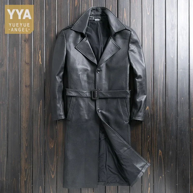 

England Style Genuine Leather Middle Length Mens Overcoat Single Breasted Windbreakers Cowhide Coat Business Casual Outerwear