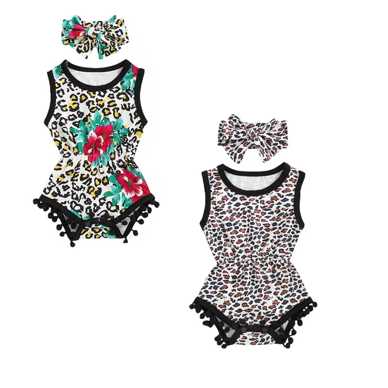 

0-18M Newborn Baby Girl Bodysuits Clothes Sleeveless Tassel Leopard Flowers Print Jumpsuits+Headband Outfits