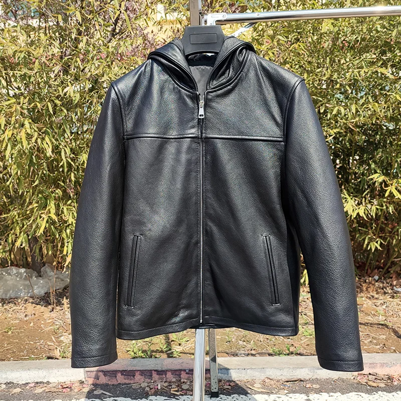 Бесплатная доставка. Кожаная куртка из черной коровьей кожи. Весеннее пальто