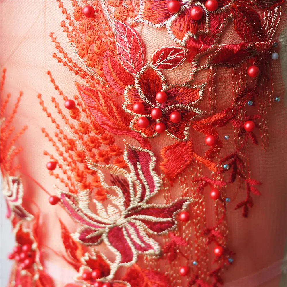 Красная кружевная ткань цветок кисточки бусины вышитая стразами Аппликация для