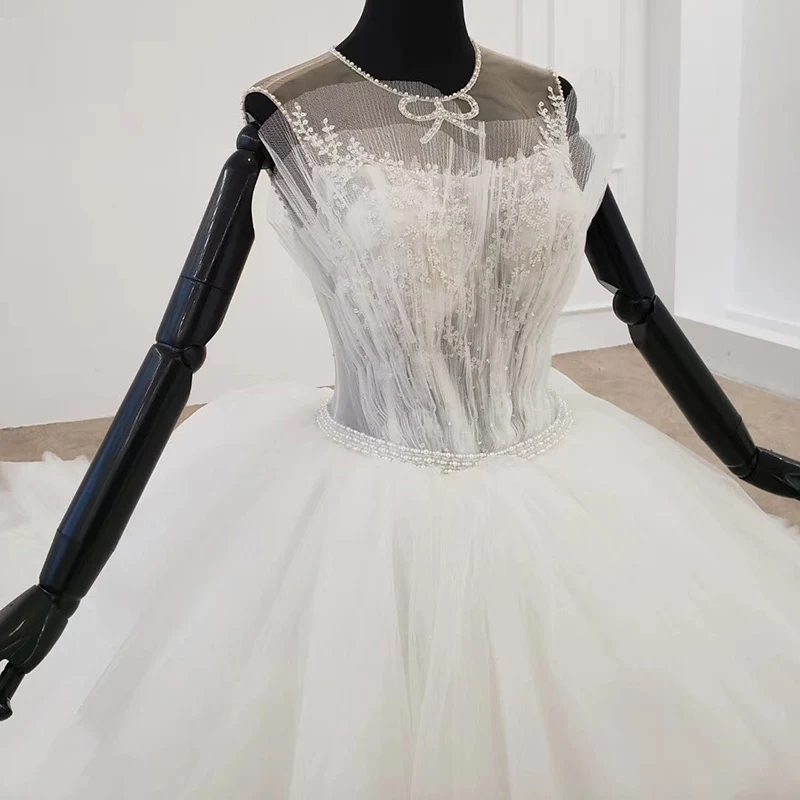 BGW Tulle Wedding Dress Short Sleeve Pearl Sequin Crystal Bow Lace Up Ball Gown Petite Wedding Dress Vestito Da Sposa 2020