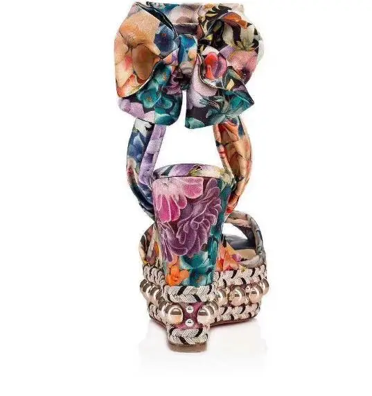 Fashion Flower Printed Lace-Up Wedge Sandals Woman Sexy Open Toe Rivets Studded Platform Heels Summer Gladiator Floral Shoes