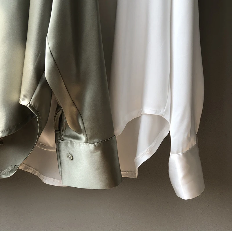 

Women's White Satin Shirt Elegant Long Sleeve Button Up Office Blouse Shirt Fashion Green Oversize Shirts Autumn 2021