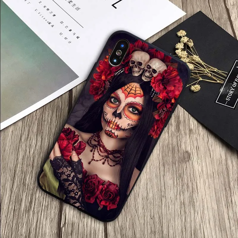 Сахарный череп день мертвой девушки татуировки чехол мягкий силиконовый черный