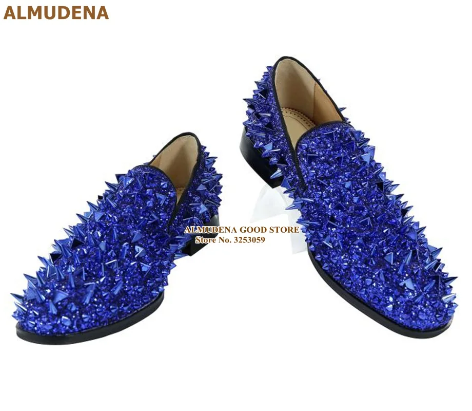 ALMUDENA Real Photo High End Men Dress Shoes Blue Gold Bling Bling Sequined Rivets Wedding Shoes Meeting Suit Shoes Studded Shoe