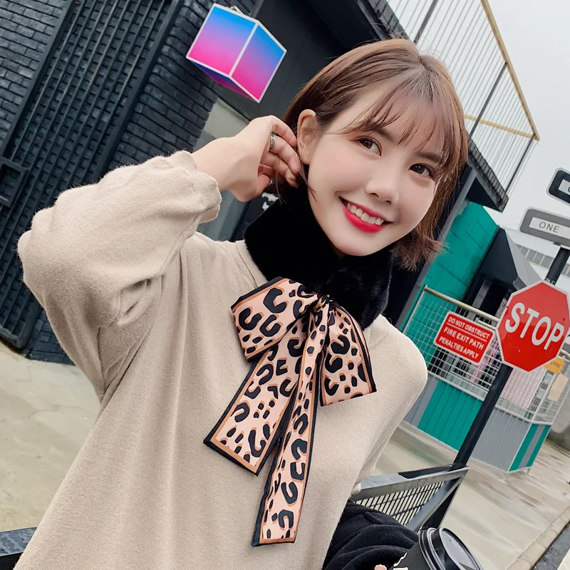 Зимний плюшевый галстук шелковый леопардовый воротник с кроличьим мехом теплый