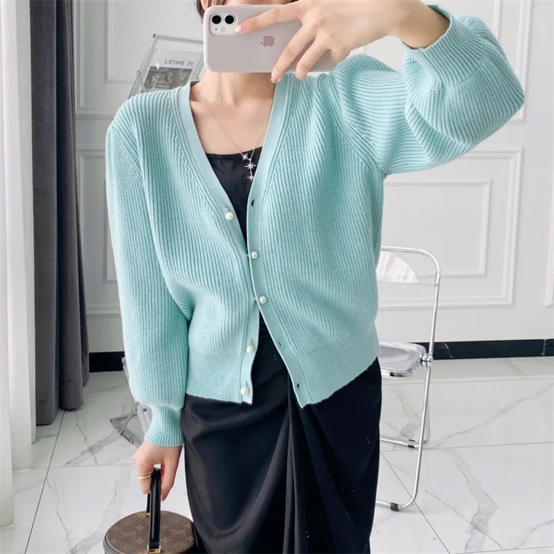 

Women Sweater 2021 Fall French Single-breasted Sweater Jacket Gentle V-neck Sweet Knit Cardigan Women