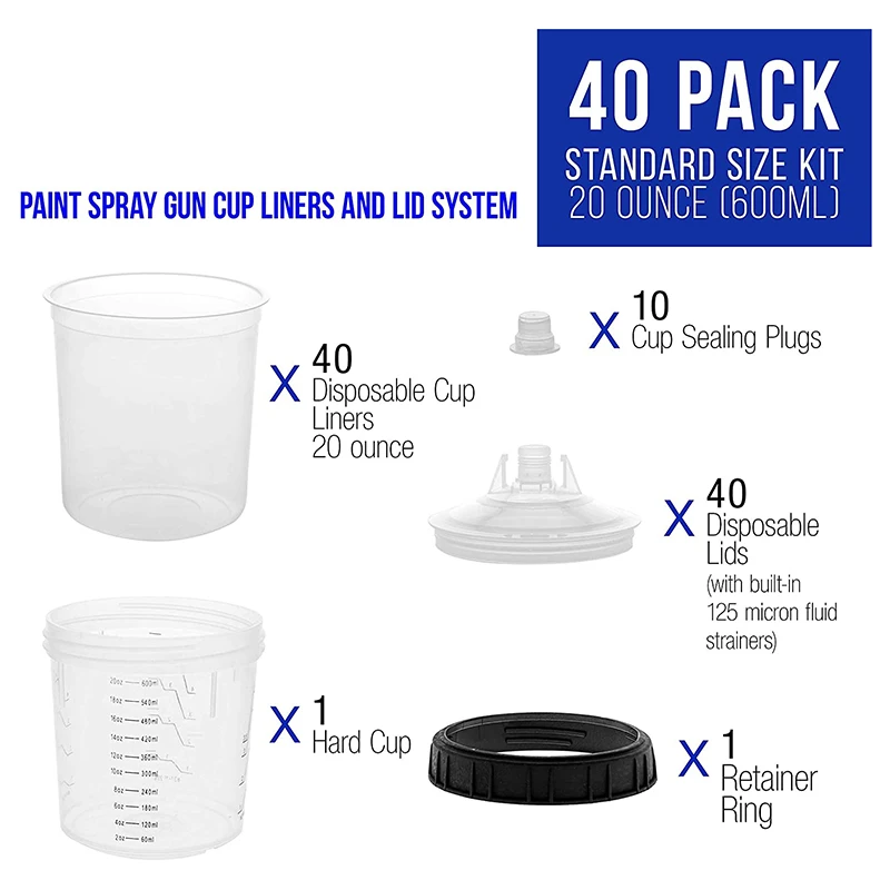 

MPS Disposable Paint Spray Cup Liners and Lid System, 40 Pack Standard Size 20 Ounce (600Ml) Kit - 40 Cup Liners