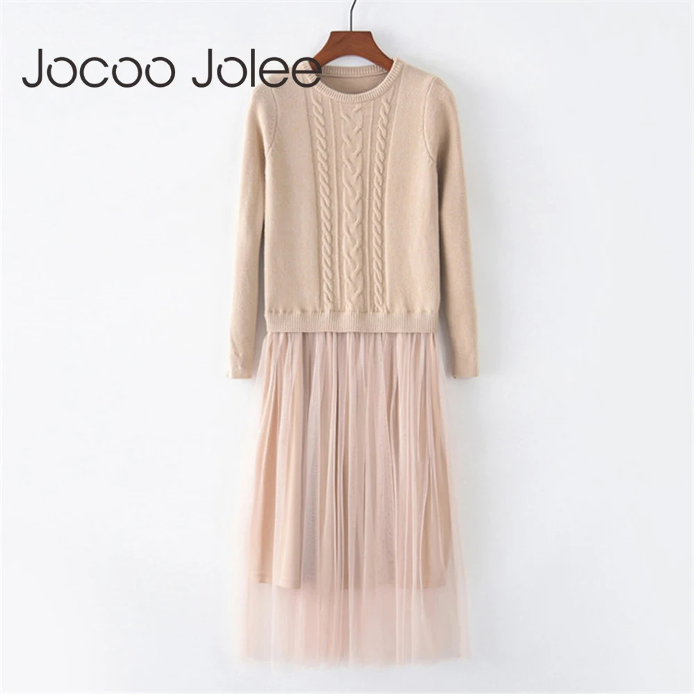 Jocoo Jolee, осенне-зимнее платье, элегантное женское платье с круглым вырезом, свитер с длинным рукавом, трикотажное платье миди с высокой талией, Сетчатое теплое женское платье