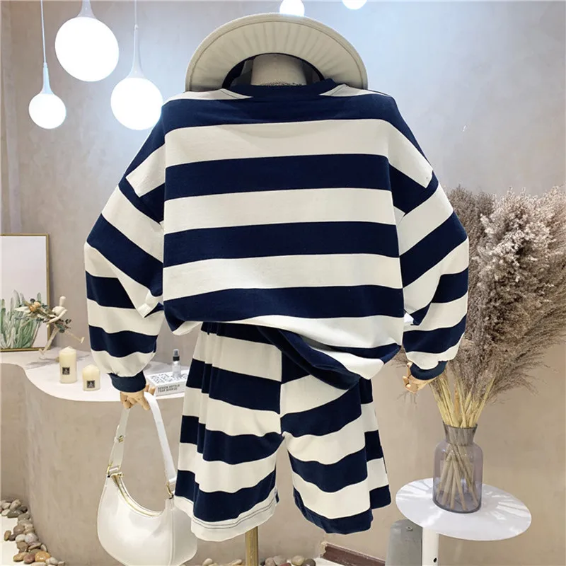 

New Women's Clothing 2021 Summer Striped Pullover Long Sleeve Top High Waist Wide Leg shorts Leisure sports suit Two piece set