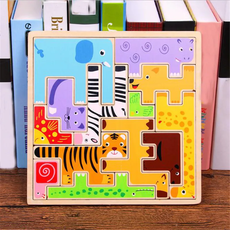 Красочные деревянные животные Пазлы Мультфильм Игра Головоломка Дети раннего
