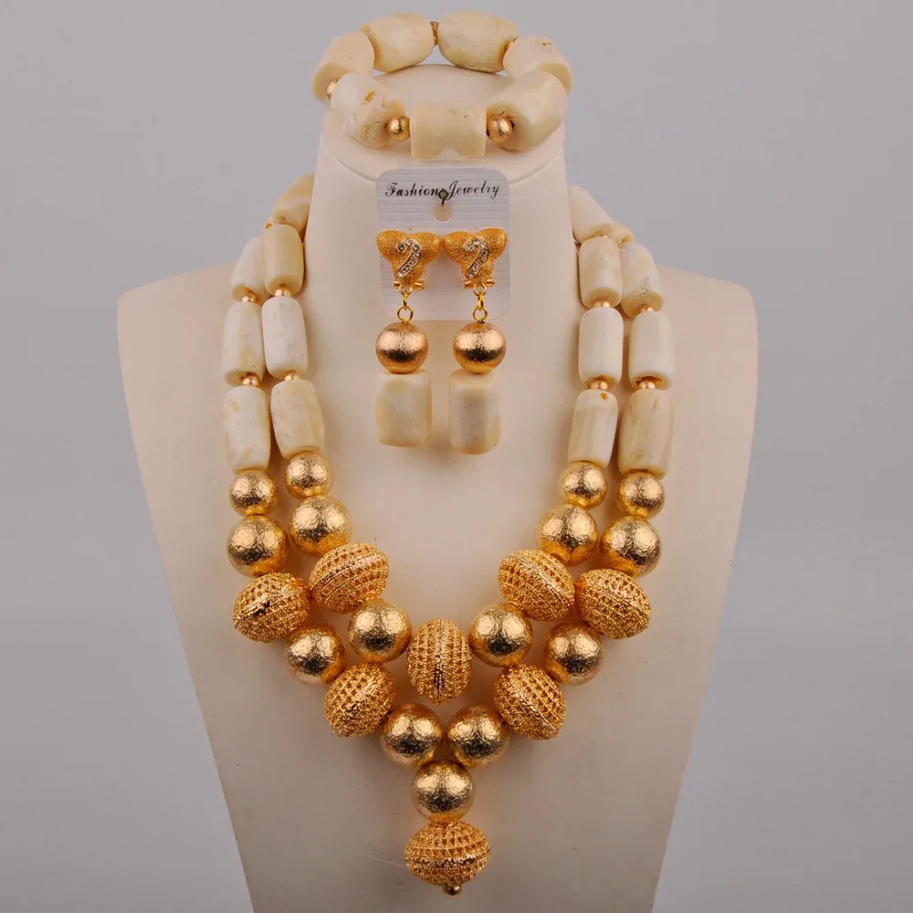 Африканские бусы золотого цвета, белые коралловые ювелирные наборы для женщин, аксессуары для свадьбы, свадебное ожерелье, серьги, браслет, ...