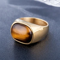 goldsteel color retro tiger eye brown stones rings for men women classic elegant simple stainless steel stone ring jewelry gift