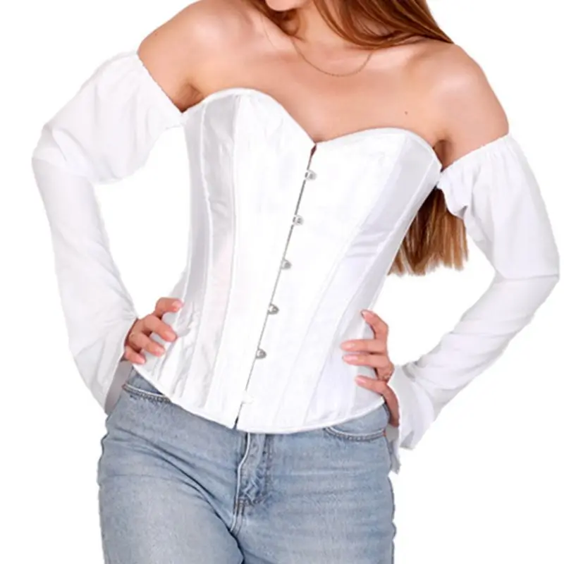 

Women Gothic Sexy Off Shoulder Puff Sleeve Shirt Solid Color Lace-Up Bandage Top Victorian Vintage Slim Corset Waist Slimming Bu