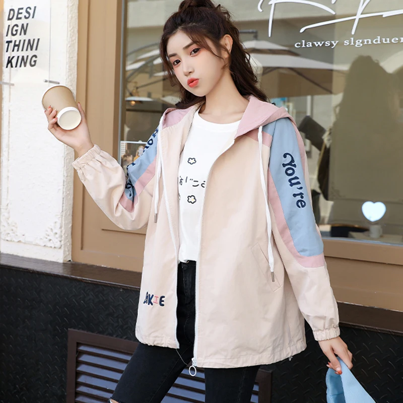 

HWLZLTZHT Autumn Winter New Women Pink Jacket Japanese style Cartoon Print Long Sleeve Hooded Casual Cute Girl Outerwear Coat