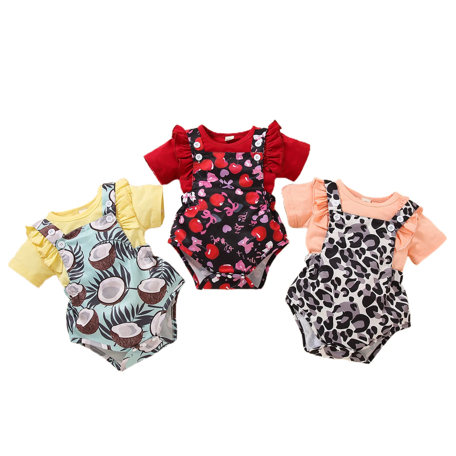 

Комплект одежды для маленьких девочек, однотонный топ с коротким рукавом и круглым вырезом + шорты на бретелях с леопардовым/фруктовым прин...