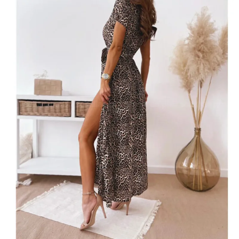 

OLOMLB 2021 Summer New Fashion Casual Sexy Deep V Neck Short Sleeve Lady Long Dress Print Floral Empire Belt Split Leopard Women