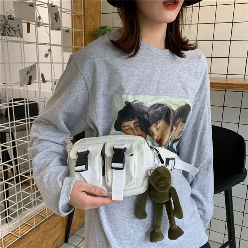 

Harajuku Canvas Chest Bag Unisex Waist Bag 2021 New Casual High Street Outdoor Travel Japanese Send Doll Shoulder Crossbody Bags