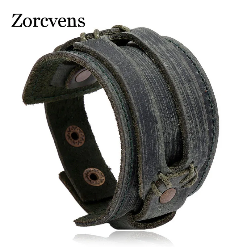 ZORCVENS New Fashion Men Wide Genuine Leather Bracelet Brown Cuff Bracelets &amp Bangles Vintage Punk Wristband Jewelry | Украшения и
